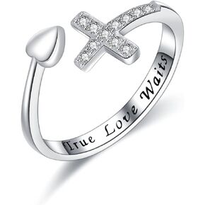 True Love Waits Cross Sterling Silver Heart CZ Ring for Women