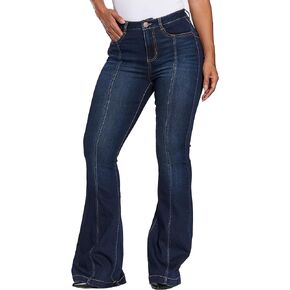dollhouse Women's Dark Wash High Rise Curvy Flare with Front Seam Detail Zipper Fly and Button Closure