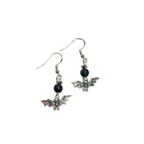 Spooky Bat Earrings-Flying Bat Earrings, Halloween Earrings, with hematite accent beads, on sterling silver earwires