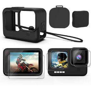Premium Black Silicone Case Compatible for Hero9/10 Ultimate Protection Tempered Glass, Comprehensive Protection