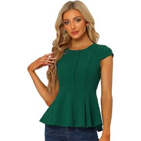 Allegra K Women's Elegant Round Neck Solid Color Workwear Cap Sleeve Peplum Blouse Top