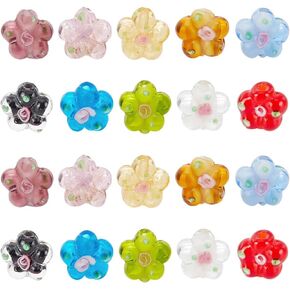 PH PandaHall 20pcs Flower Glass Beads, 10 Colors Lampwork Spacer Beads Handmade Loose Beads Crystal Beads for Summer Earring Bracelet Necklace Jewelry Making, 14.5~15x13.5~14mm