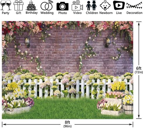 7x5ft Fabric Easter Spring Garden Photography Backdrop Flower Fence Rose Pink Brick Wall Background Floral Kids Newborn Baby Portrait Photo Booth Props in Saudi Arabia