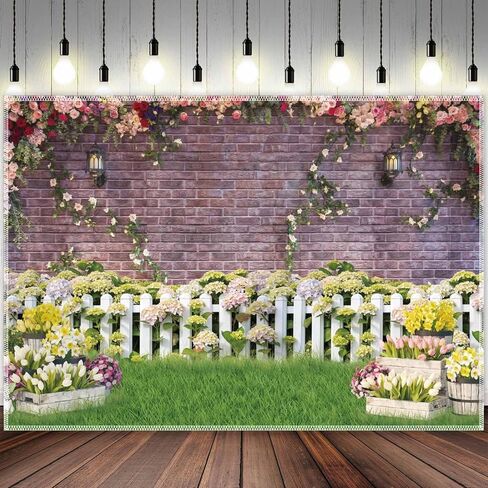 7x5ft Fabric Easter Spring Garden Photography Backdrop Flower Fence Rose Pink Brick Wall Background Floral Kids Newborn Baby Portrait Photo Booth Props in Saudi Arabia