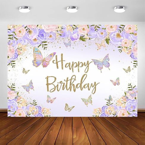 Avezano Purple Butterfly Birthday Backdrop for Girl's Purple Peach Floral Pastel Butterflies Birthday Background Pink Lilac Purple Gold Wishes and Butterfly Kisses Party Decorations Photoshoot (7x5ft) in Saudi Arabia