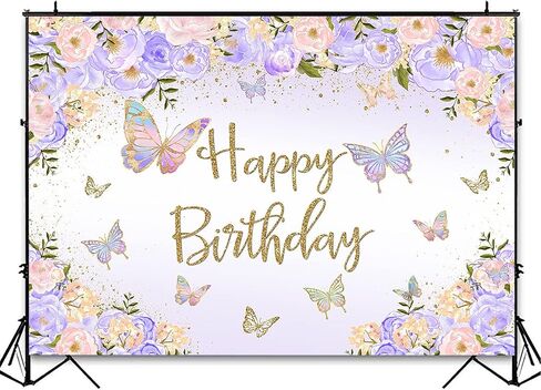Avezano Purple Butterfly Birthday Backdrop for Girl's Purple Peach Floral Pastel Butterflies Birthday Background Pink Lilac Purple Gold Wishes and Butterfly Kisses Party Decorations Photoshoot (7x5ft) in Saudi Arabia