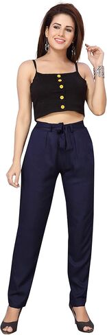 بنطال حرير صناعي فاخر معقود للنساء، ملابس كاجوال بجيب جانبي، بونتي مكتب مريح، نحيف، بنطال ذو مقاس متين | نظرة الفرخ in Kuwait