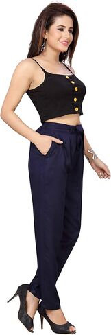 بنطال حرير صناعي فاخر معقود للنساء، ملابس كاجوال بجيب جانبي، بونتي مكتب مريح، نحيف، بنطال ذو مقاس متين | نظرة الفرخ in Kuwait