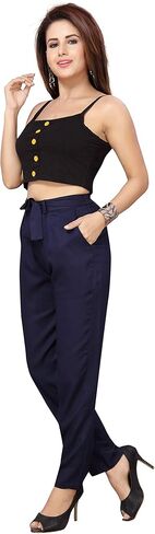 بنطال حرير صناعي فاخر معقود للنساء، ملابس كاجوال بجيب جانبي، بونتي مكتب مريح، نحيف، بنطال ذو مقاس متين | نظرة الفرخ in Kuwait