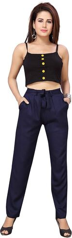 بنطال حرير صناعي فاخر معقود للنساء، ملابس كاجوال بجيب جانبي، بونتي مكتب مريح، نحيف، بنطال ذو مقاس متين | نظرة الفرخ in Kuwait