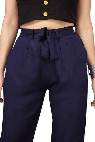 بنطال حرير صناعي فاخر معقود للنساء، ملابس كاجوال بجيب جانبي، بونتي مكتب مريح، نحيف، بنطال ذو مقاس متين | نظرة الفرخ in Kuwait