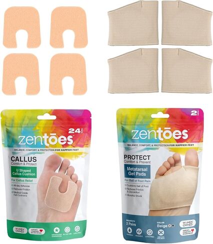 ZenToes Metatarsal Sleeves with Gel Cushions and Self-Adhesive U Shaped Felt Callus Pads - Bundle for Ball of Foot Care - Size Large, Beige in Kuwait