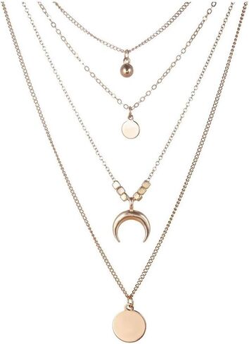 Boho Layered Necklace Coin Disc Beaded Chain Moon Pendant Necklaces Jewelry for Women Girls in Saudi Arabia
