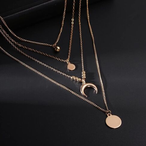 Boho Layered Necklace Coin Disc Beaded Chain Moon Pendant Necklaces Jewelry for Women Girls in Saudi Arabia
