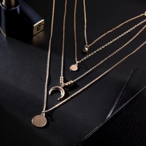 Boho Layered Necklace Coin Disc Beaded Chain Moon Pendant Necklaces Jewelry for Women Girls in Saudi Arabia