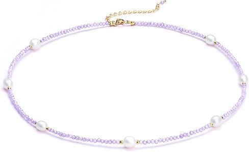 Purple Zircon Freshwater Pearl Choker Necklace for Women, Handmade Birthstone Crystal Bead Necklace Gifts, 18.5" in Saudi Arabia