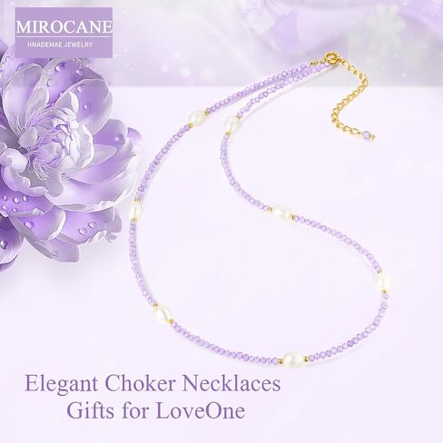Purple Zircon Freshwater Pearl Choker Necklace for Women, Handmade Birthstone Crystal Bead Necklace Gifts, 18.5" in Saudi Arabia