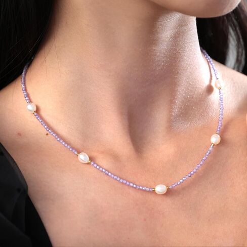 Purple Zircon Freshwater Pearl Choker Necklace for Women, Handmade Birthstone Crystal Bead Necklace Gifts, 18.5" in Saudi Arabia