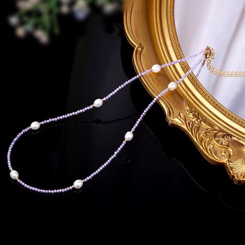 Purple Zircon Freshwater Pearl Choker Necklace for Women, Handmade Birthstone Crystal Bead Necklace Gifts, 18.5" in Saudi Arabia