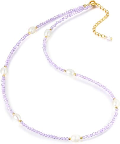 Purple Zircon Freshwater Pearl Choker Necklace for Women, Handmade Birthstone Crystal Bead Necklace Gifts, 18.5" in Saudi Arabia