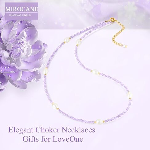 Purple Zircon Freshwater Pearl Choker Necklace for Women, Handmade Birthstone Crystal Bead Necklace Gifts, 18.5" in Saudi Arabia