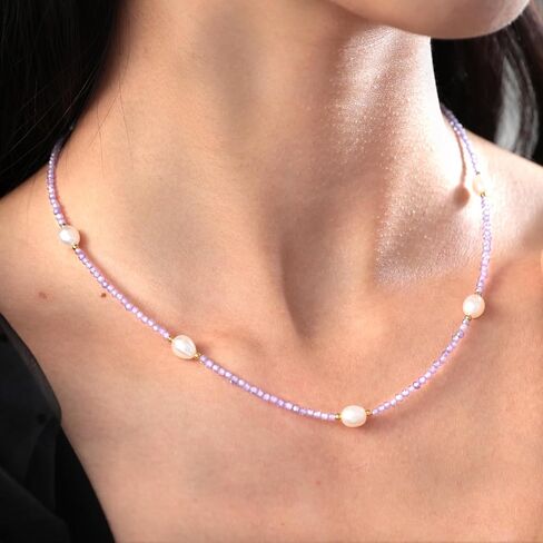 Purple Zircon Freshwater Pearl Choker Necklace for Women, Handmade Birthstone Crystal Bead Necklace Gifts, 18.5" in Saudi Arabia