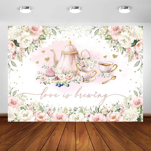 Avezano Love is Brewing Backdrop Wedding Bridal Shower Party Decorations Valentine's Tea Party Theme Photo Background Cake Table Banner (7x5ft) in Saudi Arabia