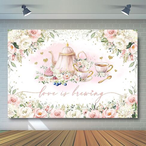 Avezano Love is Brewing Backdrop Wedding Bridal Shower Party Decorations Valentine's Tea Party Theme Photo Background Cake Table Banner (7x5ft) in Saudi Arabia