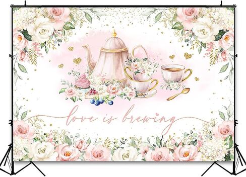 Avezano Love is Brewing Backdrop Wedding Bridal Shower Party Decorations Valentine's Tea Party Theme Photo Background Cake Table Banner (7x5ft) in Saudi Arabia