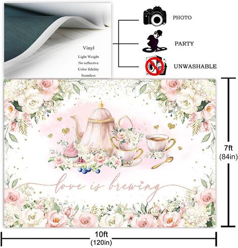 Avezano Love is Brewing Backdrop Wedding Bridal Shower Party Decorations Valentine's Tea Party Theme Photo Background Cake Table Banner (7x5ft) in Saudi Arabia