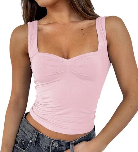 Women Sexy Sleeveless Going Out Crop Top Strappy Ruched Tank Tops Square Neck Summer Slim Fit Cami Tops in Saudi Arabia