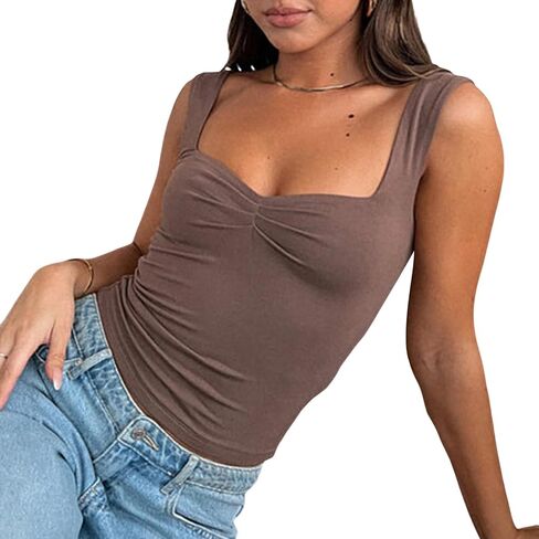 Women Sexy Sleeveless Going Out Crop Top Strappy Ruched Tank Tops Square Neck Summer Slim Fit Cami Tops in Saudi Arabia