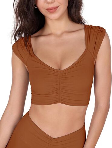 ODODOS Ruched Front Crop Tank for Women V-Neck Cut Out Back Cap Sleeve Cropped Tops in Saudi Arabia