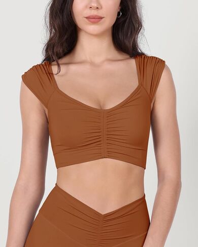 ODODOS Ruched Front Crop Tank for Women V-Neck Cut Out Back Cap Sleeve Cropped Tops in Saudi Arabia
