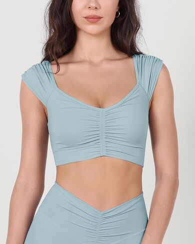 ODODOS Ruched Front Crop Tank for Women V-Neck Cut Out Back Cap Sleeve Cropped Tops in Saudi Arabia