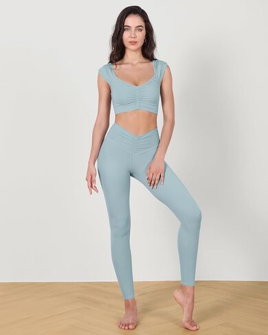 ODODOS Ruched Front Crop Tank for Women V-Neck Cut Out Back Cap Sleeve Cropped Tops in Saudi Arabia