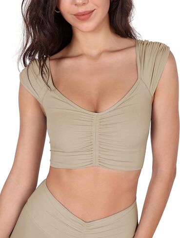 ODODOS Ruched Front Crop Tank for Women V-Neck Cut Out Back Cap Sleeve Cropped Tops in Saudi Arabia