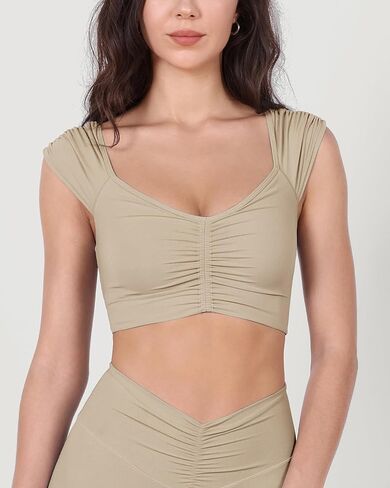 ODODOS Ruched Front Crop Tank for Women V-Neck Cut Out Back Cap Sleeve Cropped Tops in Saudi Arabia