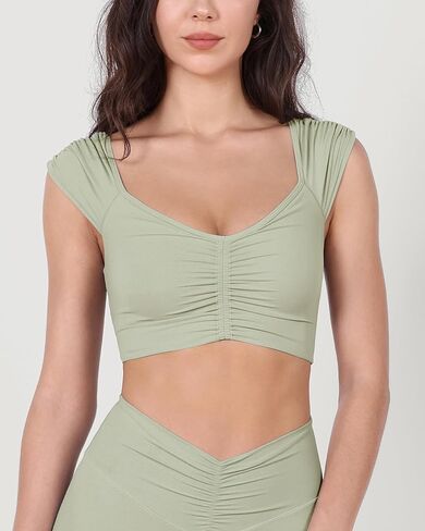 ODODOS Ruched Front Crop Tank for Women V-Neck Cut Out Back Cap Sleeve Cropped Tops in Kuwait