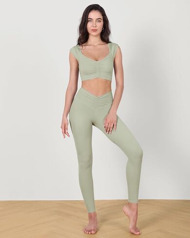 ODODOS Ruched Front Crop Tank for Women V-Neck Cut Out Back Cap Sleeve Cropped Tops in Kuwait