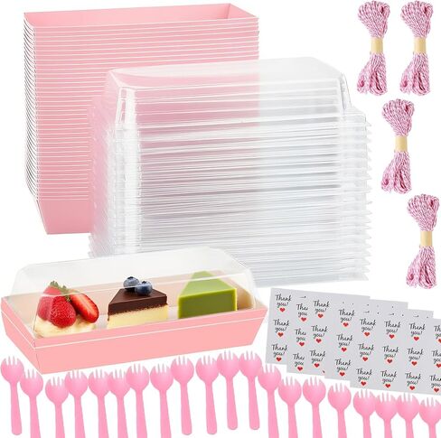 50 Pack Small Charcuterie Boxes with Clear Lids, 7.5x3.3 Inches To Go Paper Cake Slice Containers Disposable Food Containers Take Out Bakery Boxes Small Bakery Boxes for Dessert, Chocolate (Pink) in Saudi Arabia
