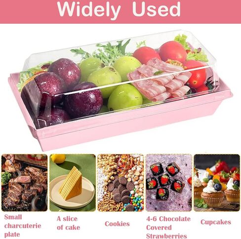 50 Pack Small Charcuterie Boxes with Clear Lids, 7.5x3.3 Inches To Go Paper Cake Slice Containers Disposable Food Containers Take Out Bakery Boxes Small Bakery Boxes for Dessert, Chocolate (Pink) in Saudi Arabia