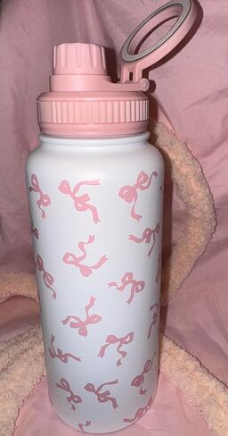 تصميم القوس ، زجاجة ماء معزول ، 32 أوقية ، أبيض مع نمط القوس الوردي ، الفولاذ المقاوم للصدأ ، مع اثنين in Kuwait