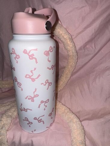 تصميم القوس ، زجاجة ماء معزول ، 32 أوقية ، أبيض مع نمط القوس الوردي ، الفولاذ المقاوم للصدأ ، مع اثنين in Kuwait