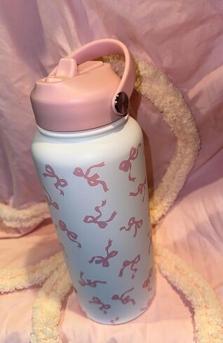 تصميم القوس ، زجاجة ماء معزول ، 32 أوقية ، أبيض مع نمط القوس الوردي ، الفولاذ المقاوم للصدأ ، مع اثنين in Kuwait