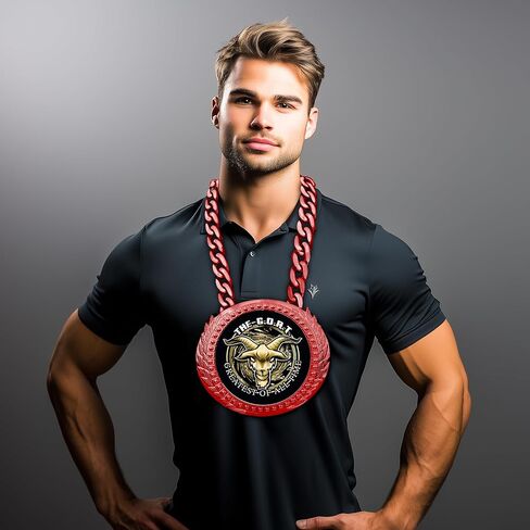 Trophy Depot G.O.A.T MEDALLION MEDALLION - 6 "الزهور المعدني الأحمر على الإطلاق مع ترصيع الذهب/الأسود الحصري الذي يتميز باختيار 3 شعارات عنزة أصلية. in Kuwait