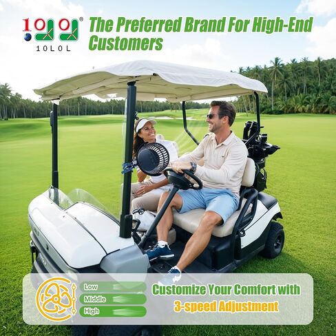 مروحة العربة 10L0L Golf-Universal Mount ، بطارية 8000 مللي أمبير في الساعة ، مروحة 3 سرعات ، ضوء LED ، وقت تشغيل لمدة 56 ساعة ، وظيفة شحن عكسي ل CARD CLUB CAR CAR CROP ، Black in Kuwait