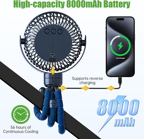 مروحة العربة 10L0L Golf-Universal Mount ، بطارية 8000 مللي أمبير في الساعة ، مروحة 3 سرعات ، ضوء LED ، وقت تشغيل لمدة 56 ساعة ، وظيفة شحن عكسي ل CARD CLUB CAR CAR CROP ، Black in Kuwait