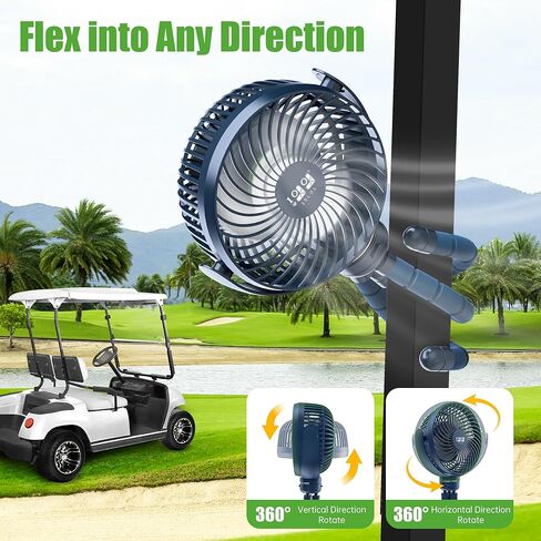 مروحة العربة 10L0L Golf-Universal Mount ، بطارية 8000 مللي أمبير في الساعة ، مروحة 3 سرعات ، ضوء LED ، وقت تشغيل لمدة 56 ساعة ، وظيفة شحن عكسي ل CARD CLUB CAR CAR CROP ، Black in Kuwait