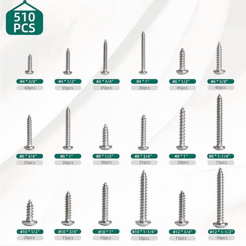 طقم تشكيلة البراغي الخشبية ، 510pcs الإمبراطورية من الفولاذ المقاوم للصدأ فيليبس براغي النقر على رأس البراغي#4#6#10#12 ، 3/8 "إلى 1-1/2" لخشب ، مشروع بلاستيكي in Saudi Arabia